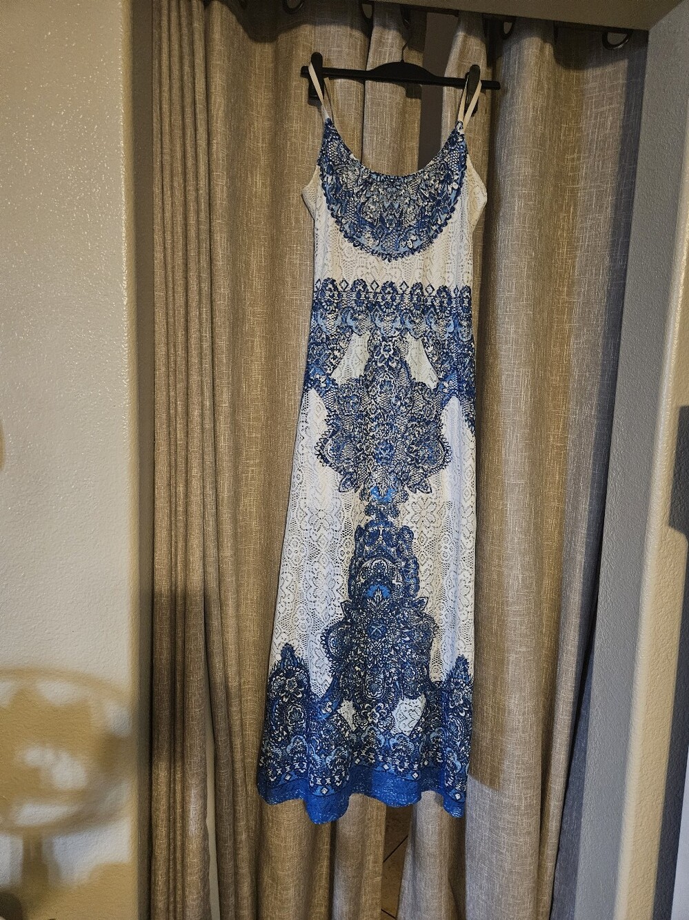 Blue and White Lace-Print Maxi Dress - Women